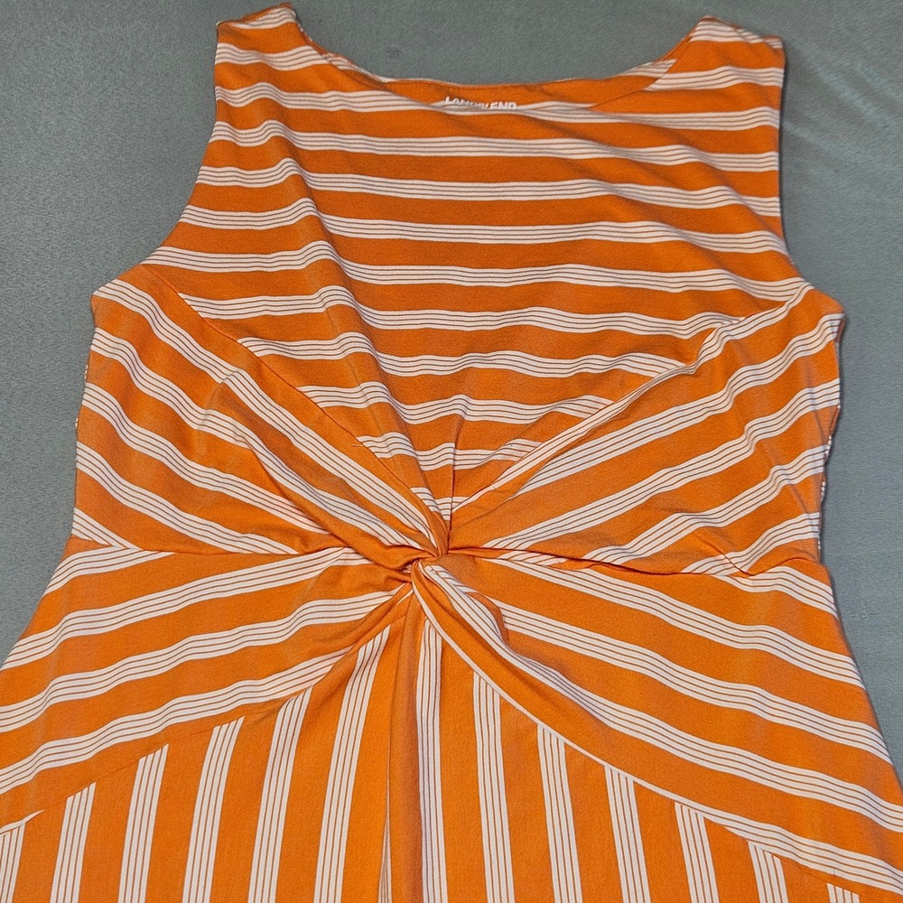 Lands' End Twist Front Dress Womens M 10-12โ Peach Striped Sleeveless Fit Flare